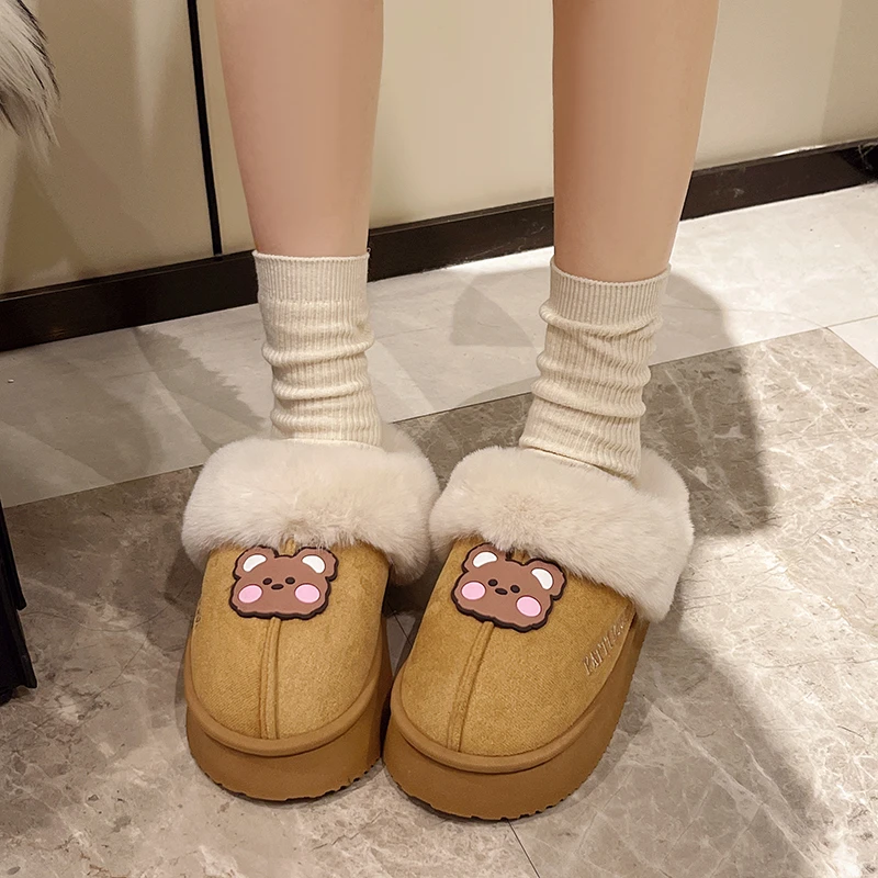 Women's imitation fur upper bear logo winter new anti-slip plush snow boots warm cotton shoes thick-soled slippers