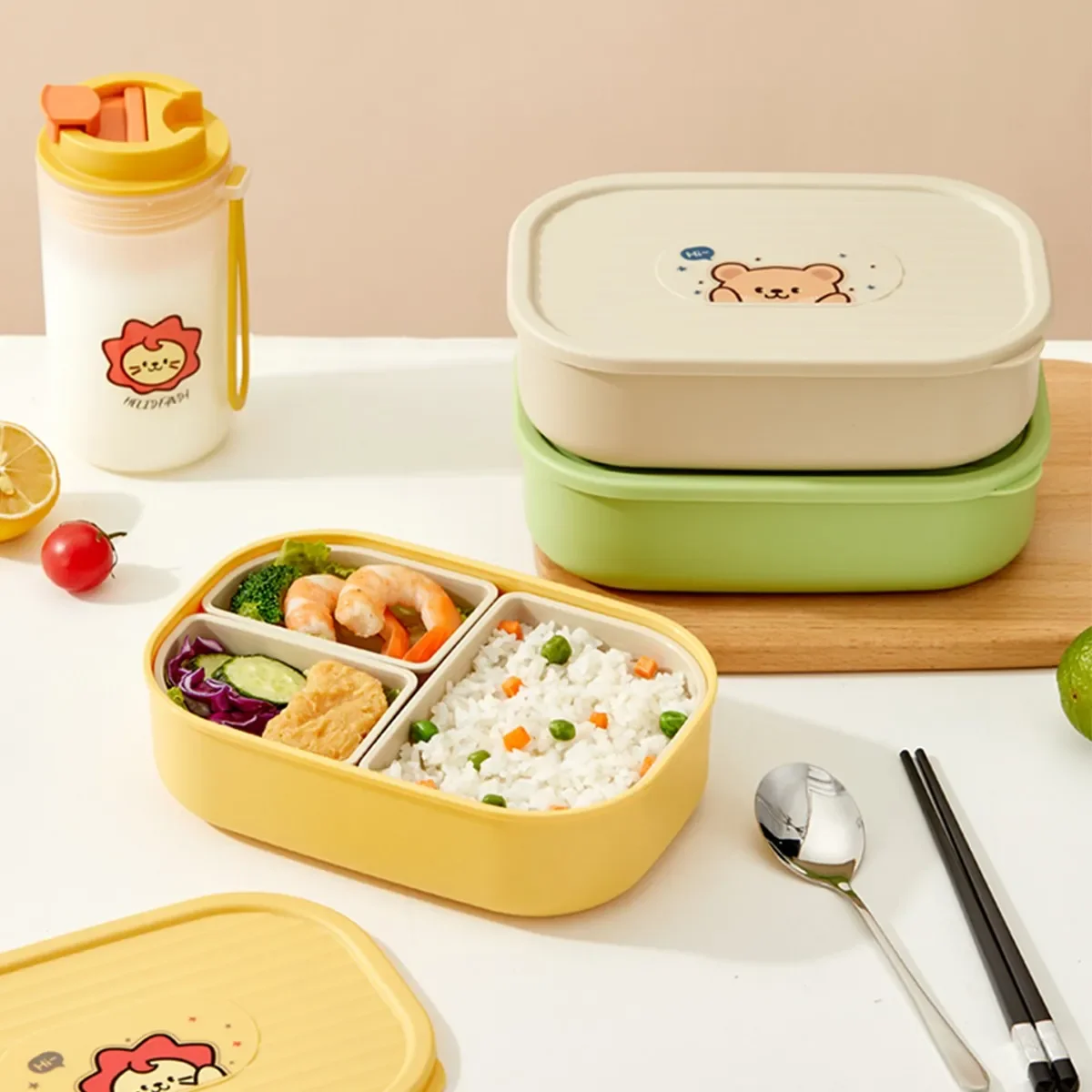 3 Compartment Reusable Plastic Bento Lunch Box Cartoon Portable Leak Proof Lunch Container For Kids Student Microwave Heatable