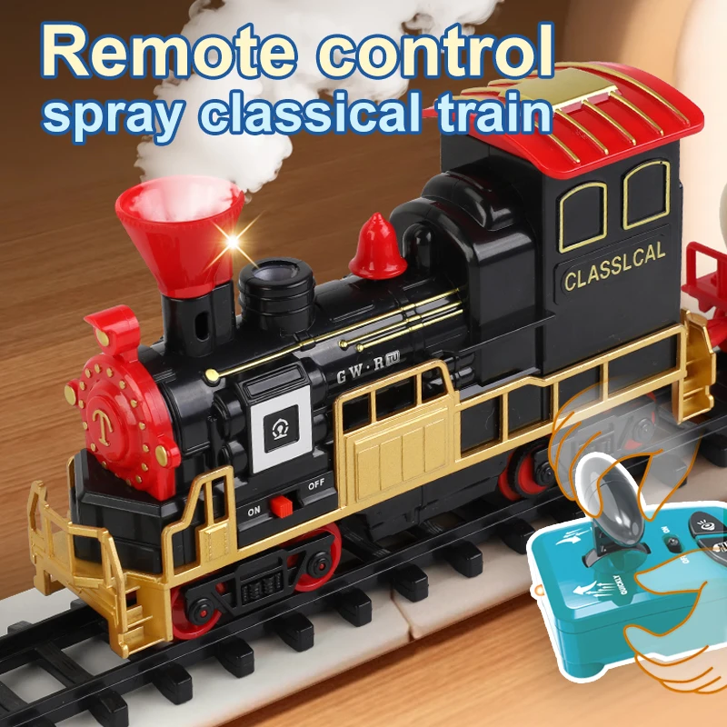 Remote Control Steam Train with Lights Sounds Electric Trains Set Water Spray Classical Track RC Train Carriages Children's Toys