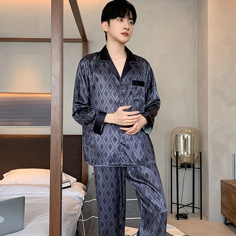 ملابس نوم بيجامات رجالية للخريف من الحرير الجليدي بأكمام طويلة بنطلون فضفاض مقاس كبير ملابس نوم حريرية للربيع والخريف #5