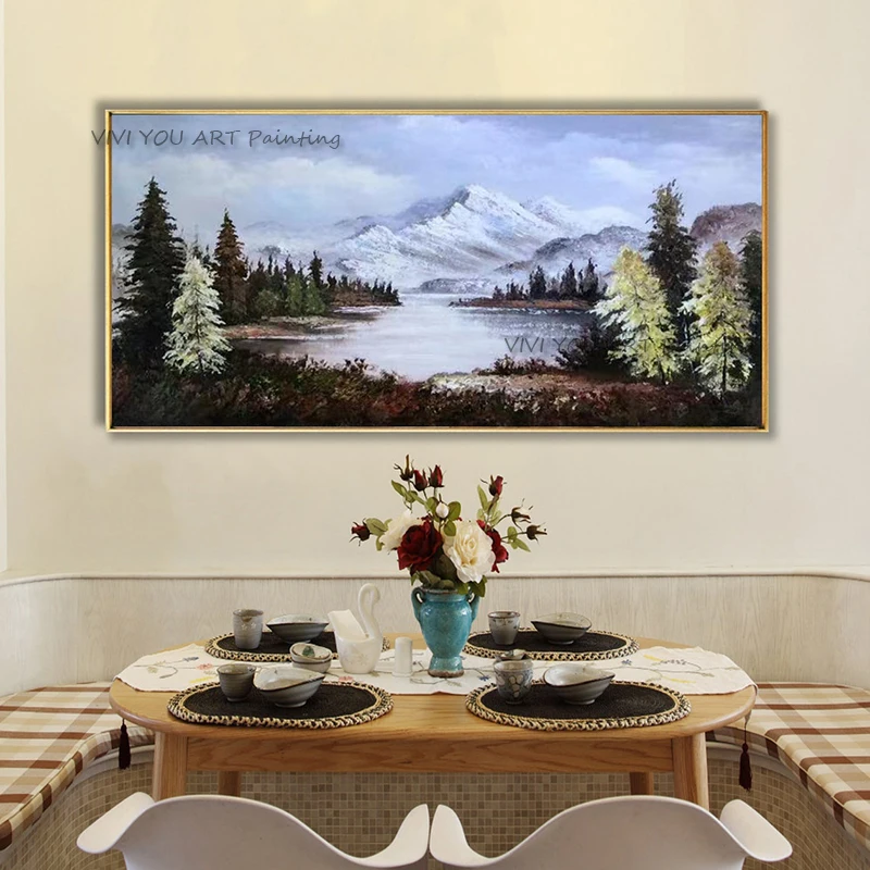 Handmade Country Oil Painting White Mountain Wall Art Large Knife Picture Nature Mural Picture lake Room Decor for Living Room