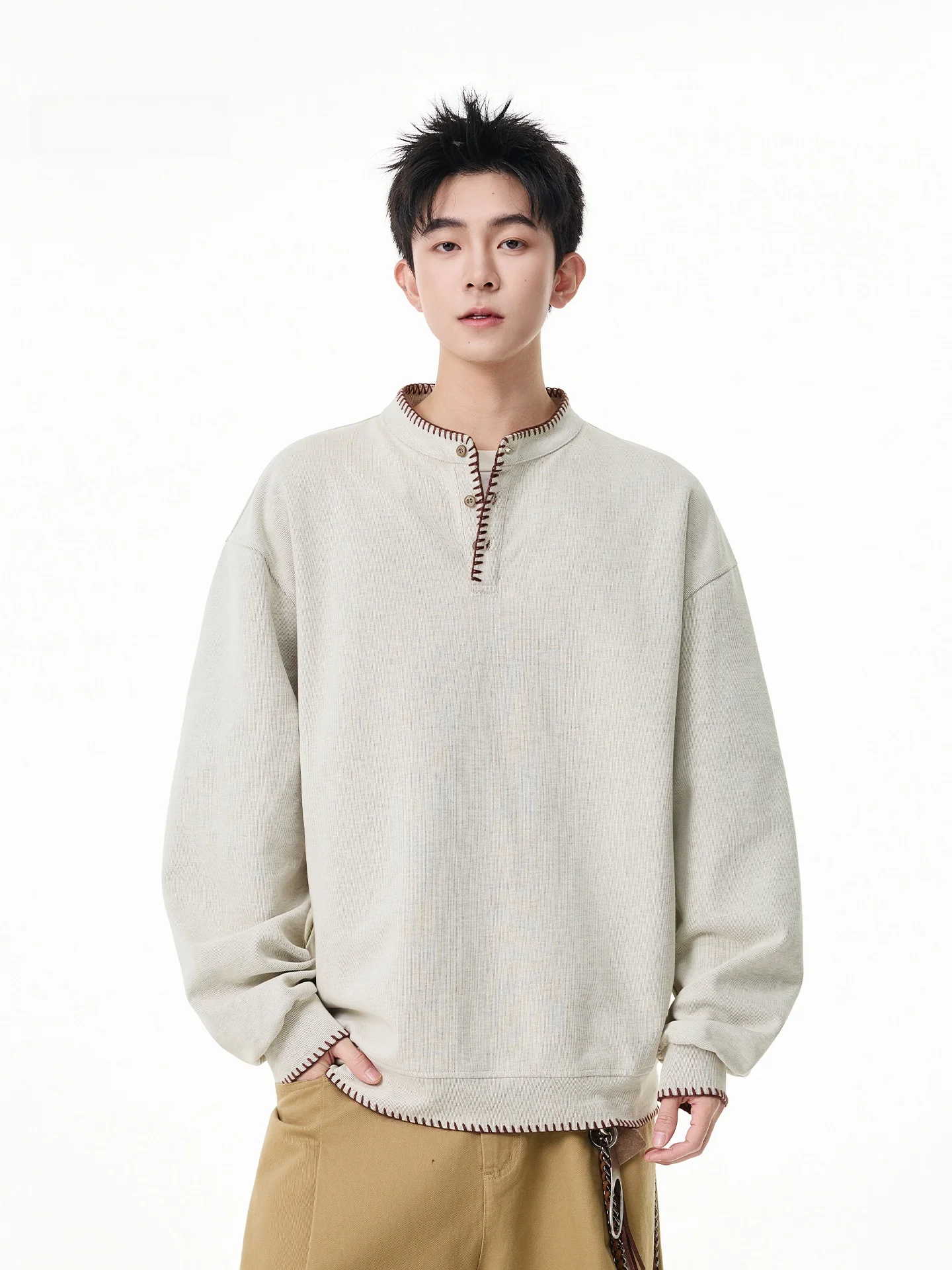 

Мужская толстовка в американском ретро-стиле с воротником хенли, базовая, плотная, повседневная, свободного кроя, с длинным рукавом