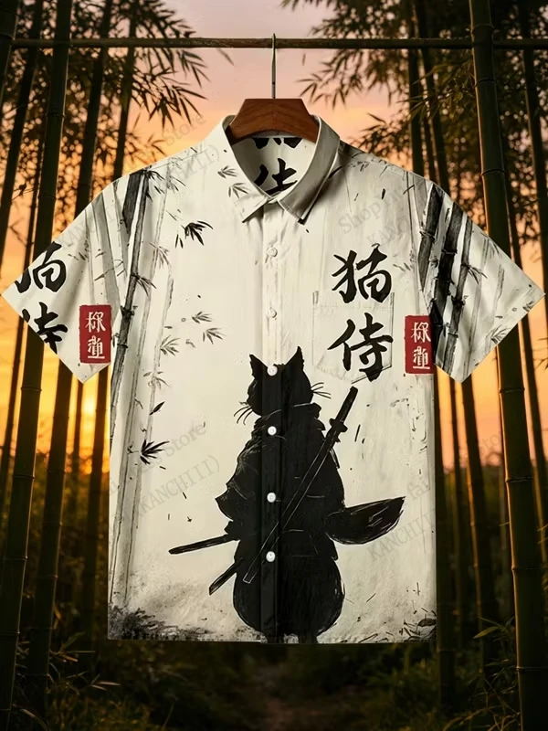 Cartoon Japanese Samurai Cat 3d Print Hawaiian Shirt Men Women Fashion Short Sleeve single-breasted Beach Shirts Manga blouse