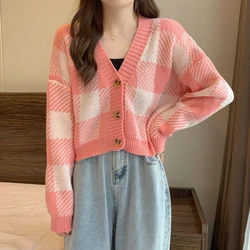 Pink Plaid Sweaters Cardigans Women 2023 Autumn Loose V Neck Knitted Coats Woman Chic Korean Style Long Sleeve Knitwear Cardigan