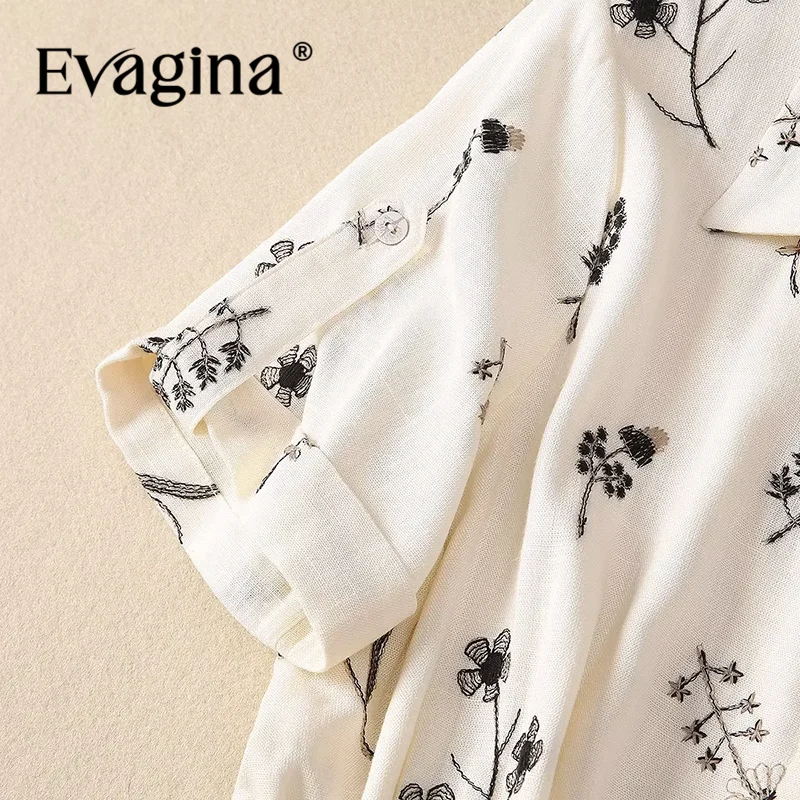 Evagina Summer Women's Dress Turn-Down Collar Short-Sleeved Single-Breasted Lace-Up Linen Embroidered Vintage Elegant Dresses