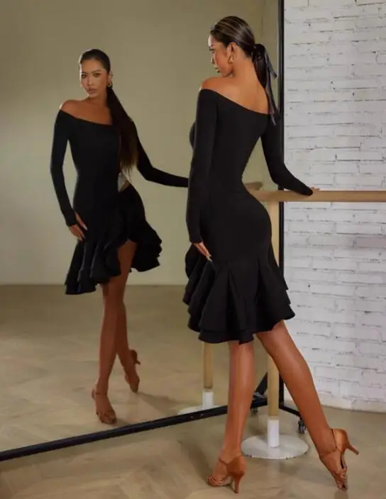 Vestido de dança latina com franja para mulheres, vestido tango, vestido preto rumba, recortado, 23126