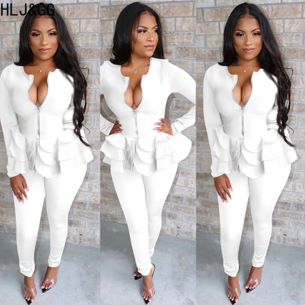 HLJ&GG Elegant Lady Ruffles Blazer Suits 2 Piece For Women Zip Long Sleeve Slim Top And Skinny Pants Outfits Female OL Clothing