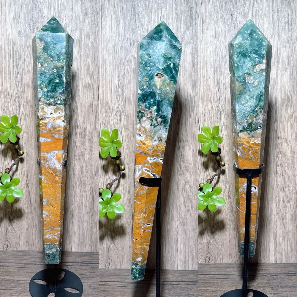 1PC Natural Unique Ocean Jasper Tower Wand Raw Geode Stone Healing Crystal Reiki Energy Home Decor Ornament Gift+Stand
