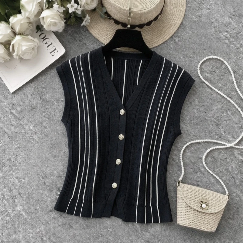 Vertical Rib Stretch Knit coat Women V Neck Button Front Sleeveless Slim Fashion Daily Layering Knit Vest Jacket Top