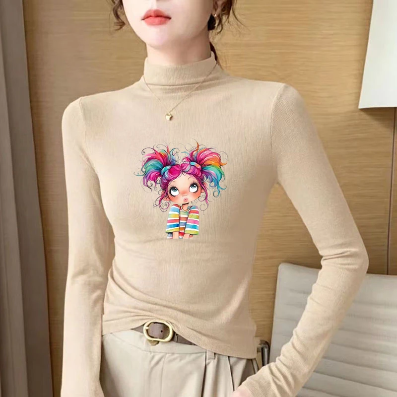 2026 New Autumn Winter Thermal Brushed Fleece Long Sleeve Graphic Print T shirt Blouses Female Warm Shirt Women Top