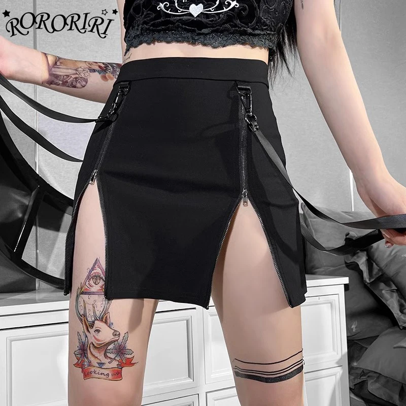 

RORORIRI Zip-up Split Black Skirt Women Gothic Stitch Leather Belt A-line High Waist Bodycon Mini Skirt Grunge Vintage Clothing