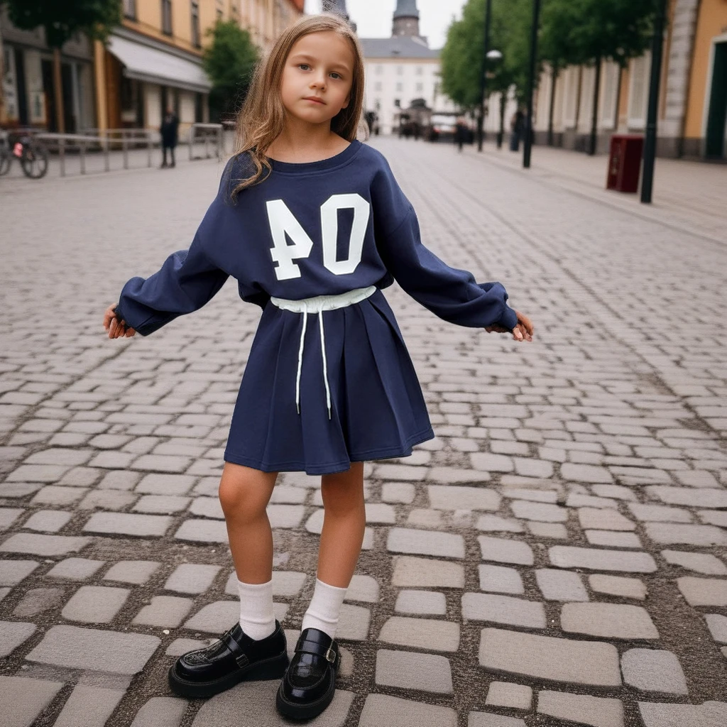 Conjunto de ropa para niñas, jerseys estampados, Falda plisada, 2 uds., chándal para niños, deporte informal, trajes escolares para adolescentes, primavera 2025