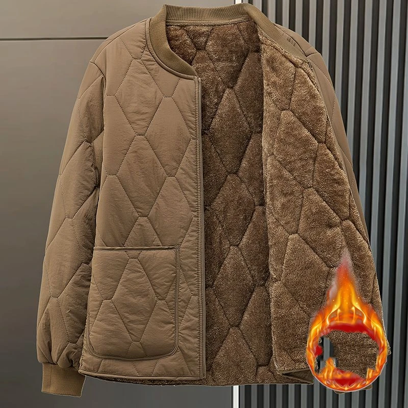 Men Baseball Collar Fleece Lined Quilted Jacket Zip Up Loose Warm Inner Coat Student Plus Size Casual Winter Outerwear