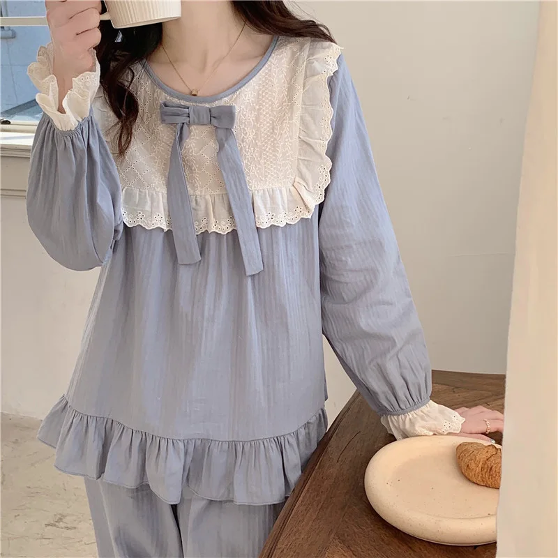 Lace New 100%Cotton Jacquard Weave Sleepwear Loose Cute Sweet Long Sleeve Pajama Set Women Simple Korean Soft  Elegant Casual