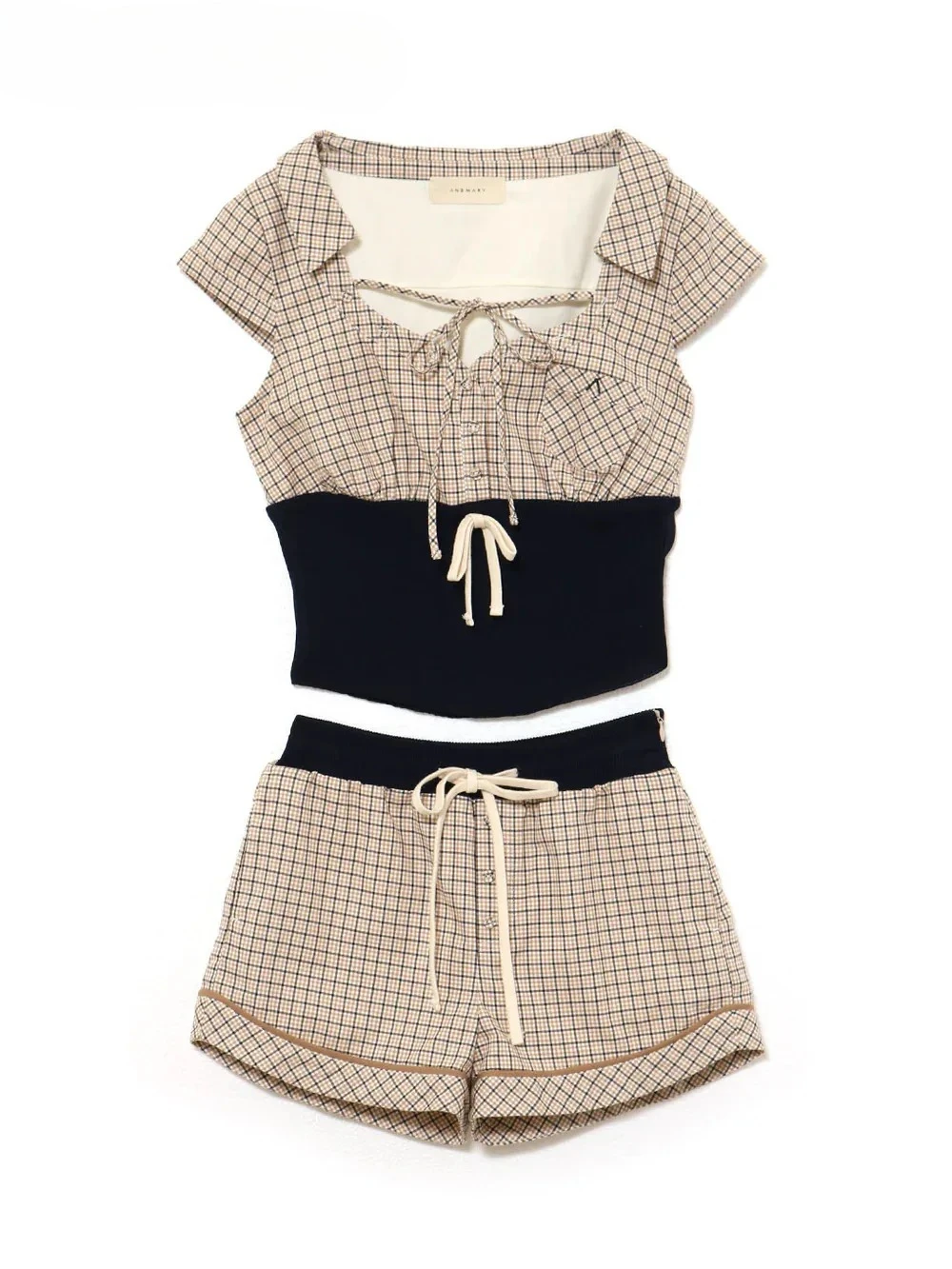 

Japanese New Light Plaid Splicing Short-sleeved Top Blouse Shorts Set Women Sexy Lace-up Plaid Shirt Casual Shorts 2-piece Set