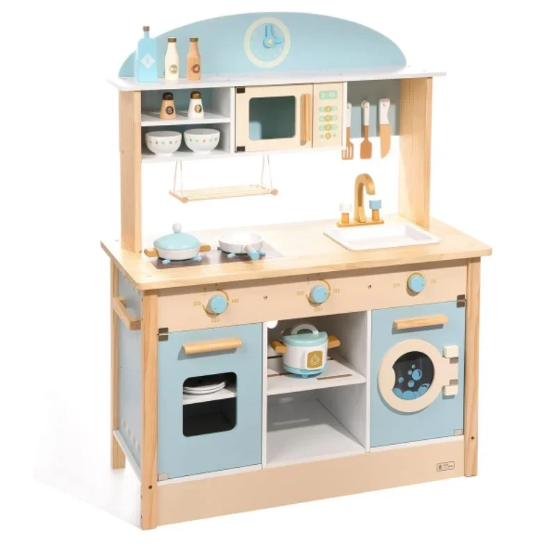 Robotime Wooden Play Kitchen Set Pretend Play Kitchen Wooden Toy Set with Dishwasher for Boys and Girls Ages 3 Brown Blue Pink