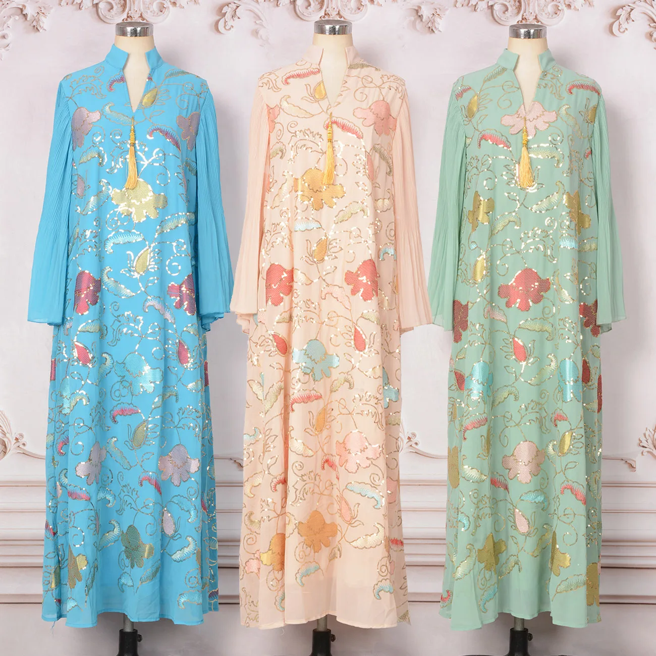 

Sweet Dubai Muslim Abaya Dress, Embroidery & Sequins Embellishment Pleated Sleeves Moroccan Arab Evening Party Ramadan Kaftan