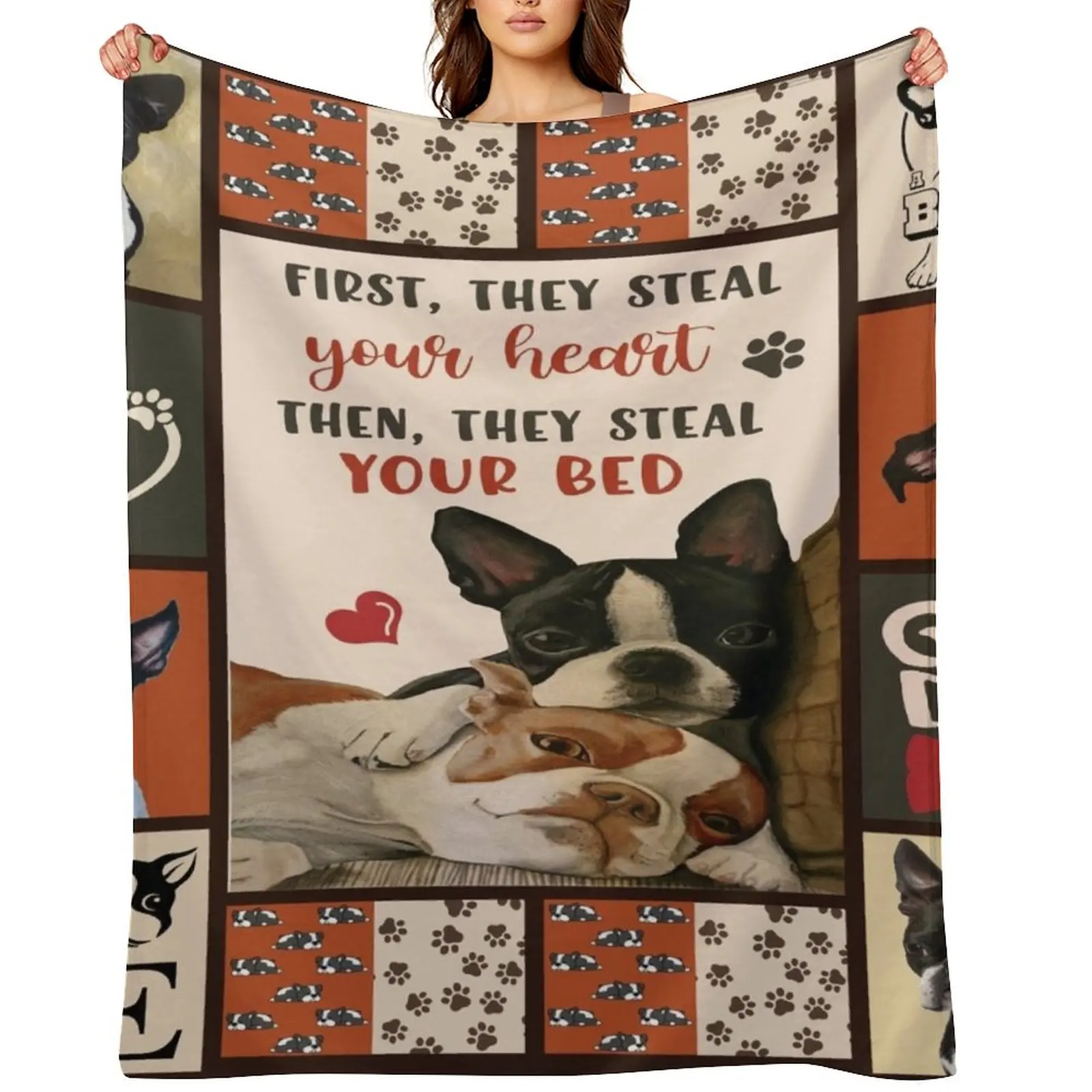

First They Steal Your Heart Then They Steal Your Bed Boston Terrier Throw Blanket Cute Plaid Soft Heavy Blankets