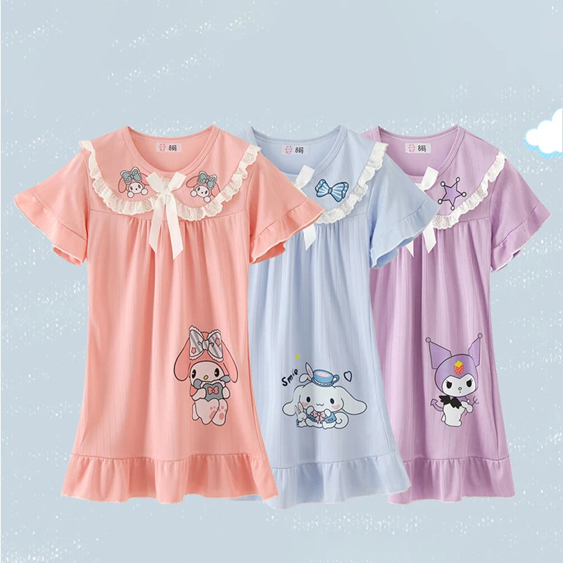 

Sanrio 3-12Y Girls Cotton Sleep Dress - Short Sleeve Floral Nightgown with Ruffle Hem Soft Breathable Kids Nightwear Summer Gift