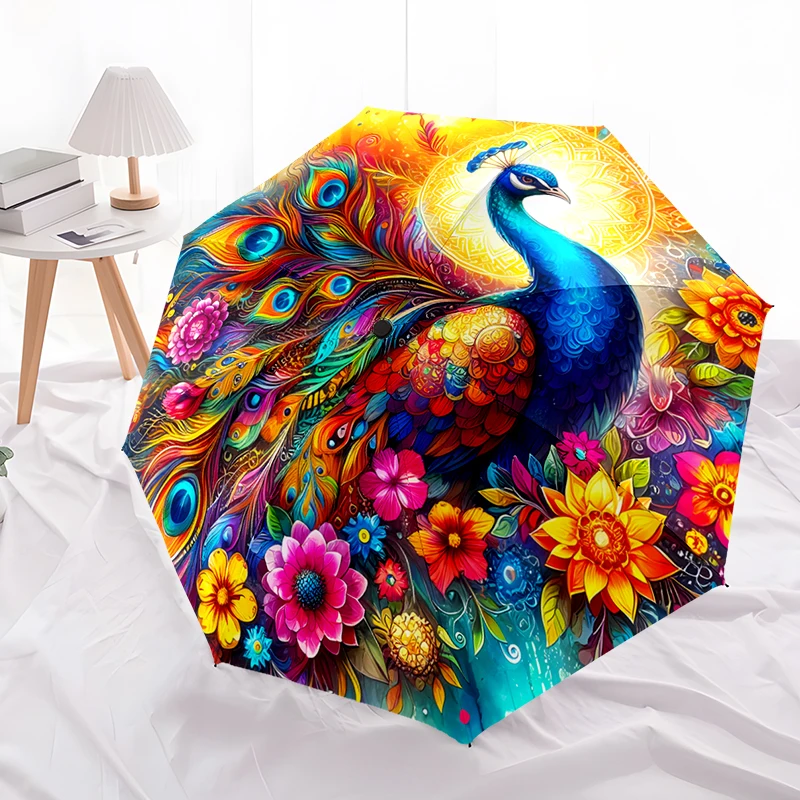 Peacock Theme Design Folding Umbrella - Fashionable Auto-Open Design 8 Iron Ribs Plastic Handle Foldable Sunshade，Perfect Gifts