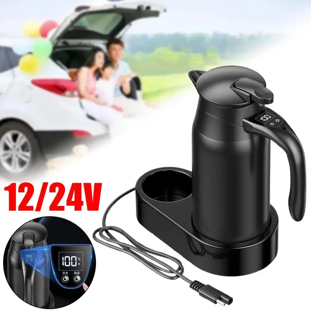 800ml Smart Car Kettle 12V/24V Universal Temperature Adjust Electric Kettle Travel/RV Insulated Kettle With LED Screen Display