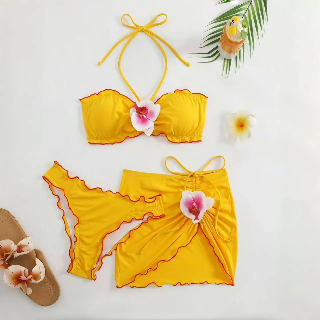 3-teiliges rückenfreies Neckholder-Bikini-Set für Damen, körperbetonte Unterseite mit Aufdruck und Vertuschung, sexy Blumen-Boho-Bademode, Sommer, Strand, Neu