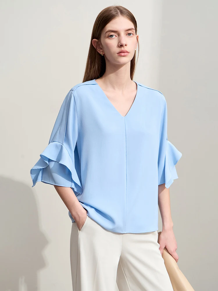 Amii Minimalism 2024 Women Blouse Summer New Solid V-neck Loose Pullover Ruffles Sleeve Basics Chiffon Shirts Female 12442221