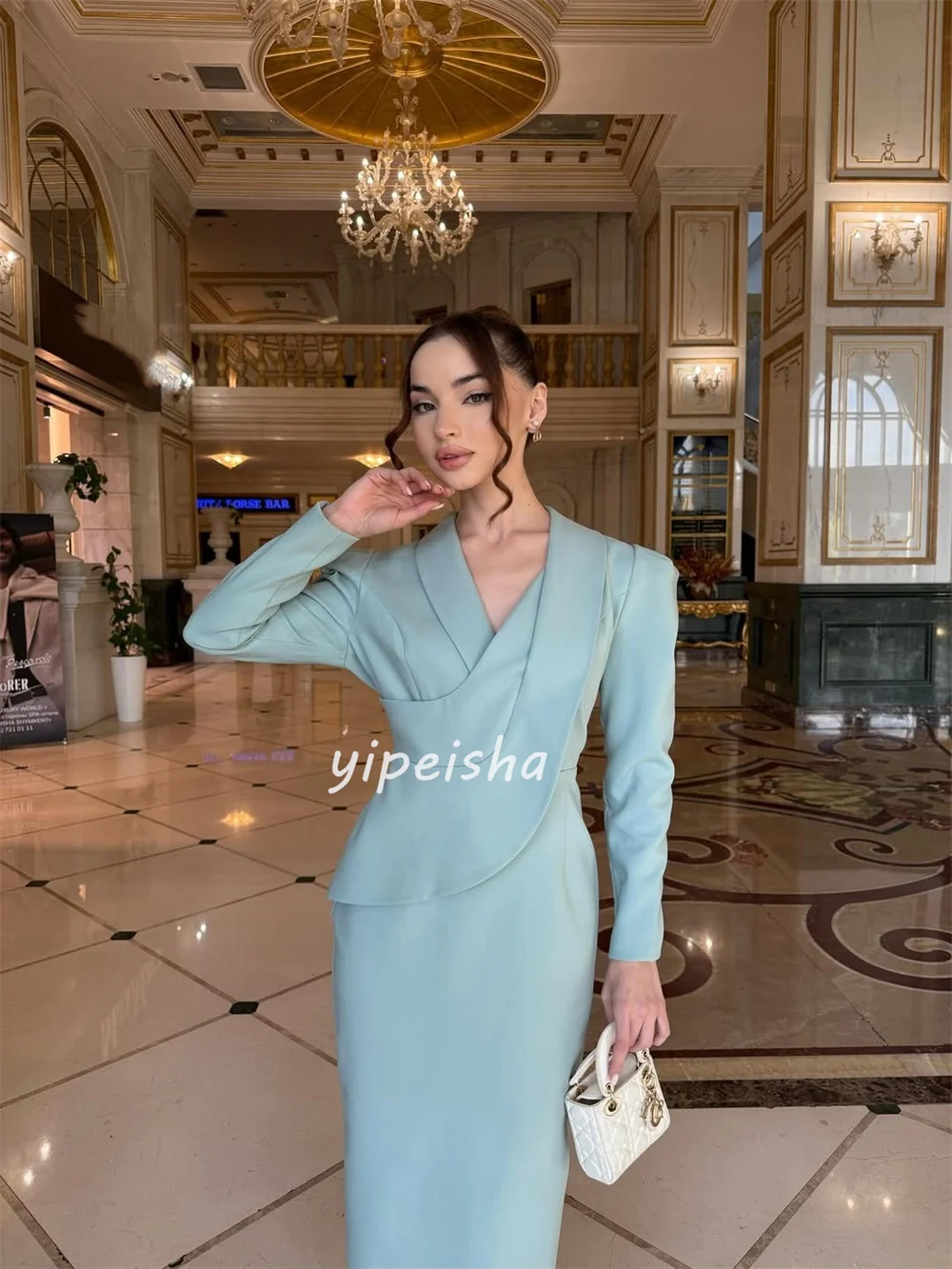 Индивидуальные современные стильные элегантные трикотажные платья с рюшами и драпировкой, прямые платья до щиколотки с v-образным вырезом, платья на заказ, модные ретро-платья