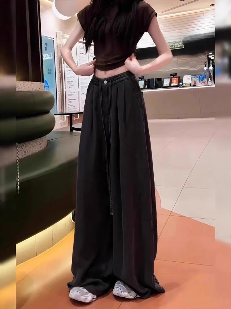 

Summer Thin Wide Leg Denim Pants Women's High Waist Loose Ice Silk Drapey Loose Fit Bootcut Trousers Slimming Effect