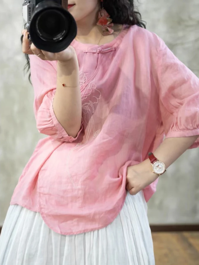 

Легкий хлопково-льняной топ с вышивкой, на пуговицах, с круглым вырезом, асимметричный, больших размеров, для женщин