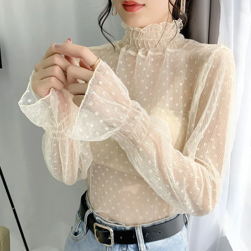 

Korean Style Turtleneck Mesh T Shirt Under Shirt Sexy New Harajuku Aesthetic Cute Lace T Shirt Long Sleeve Mesh Top Transparent
