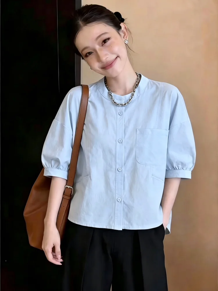 Princess Style round Neck Five-Quarter Sleeve Shirt Women's Short Sleeve Loose Fit Short Length Versatile Beautiful Top