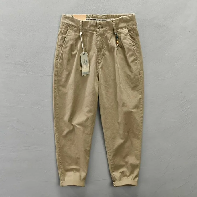 Retro Cotton Casual Pants Men Loose Handsome Slim Fit  Y2K Color Khaki Workwear Japanese Style Long Pants Spring Summer Trousers