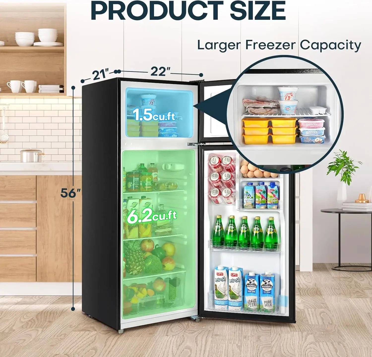 7.7 Cu.Ft. Refrigerator with Freezer, Double Door Refrigerator, Adjustable Thermostat, Large Capacity, Reversible Door