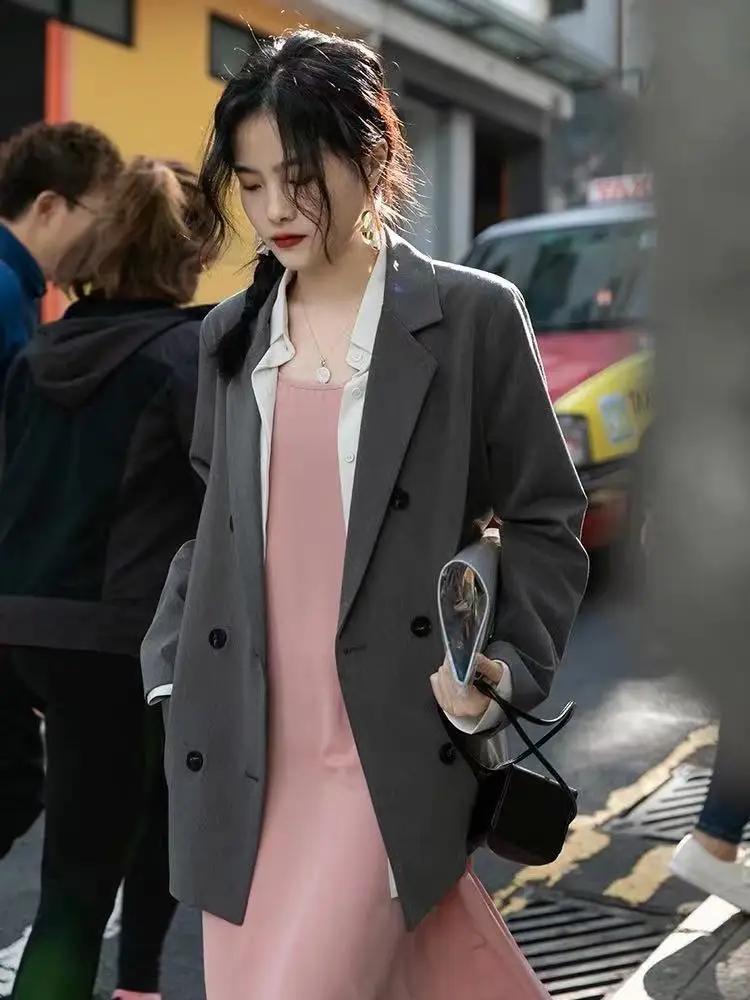 

Long Coat Woman Women'S Blazer Silhouette Attire Light Waist-Closed Double-Layer Loose-Fit Western-Style Premium Three-Button