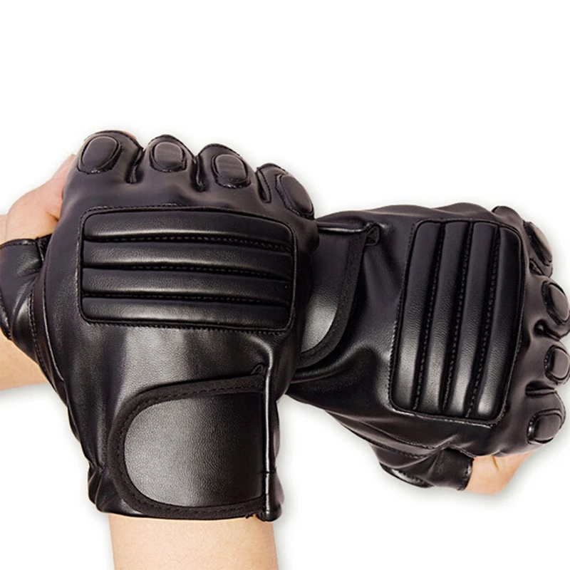 1pair Men Half Finger Black Washable PU Leather Tactical Gym Fighting Glove Climbing Sport Fitness Cycling Mitten