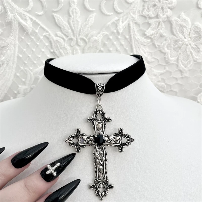 Gothic Limited Black Velvet cross Bead Choker Necklace Grunge Black Velvet Jewelry Gorgeous Women Punk Gift Statement Goth New