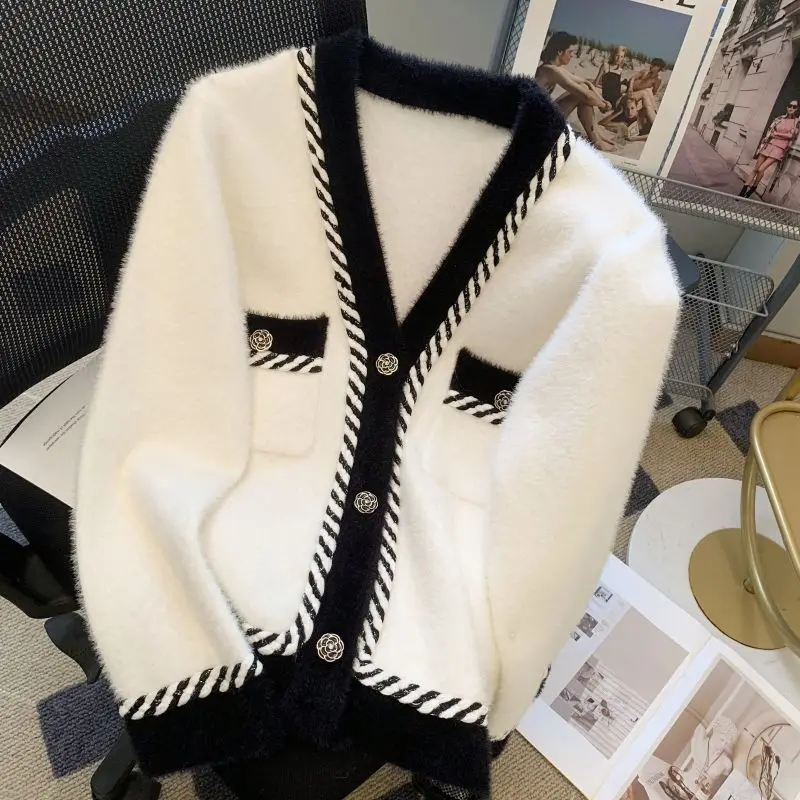 V-neck Knitting Cardigan Coat Women Autumn Winter Simplicity Office Lady Solid Color Sweater All-match Fashion Knitwear Tops