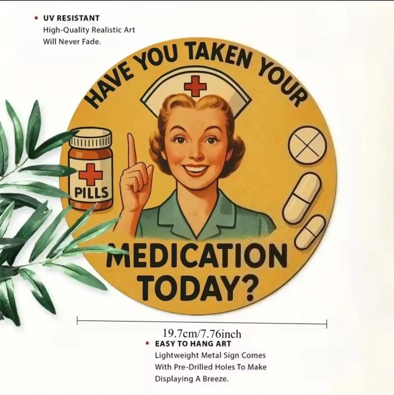 Vintage Nurse-Themed Metal Medication Reminder Sign - Round 