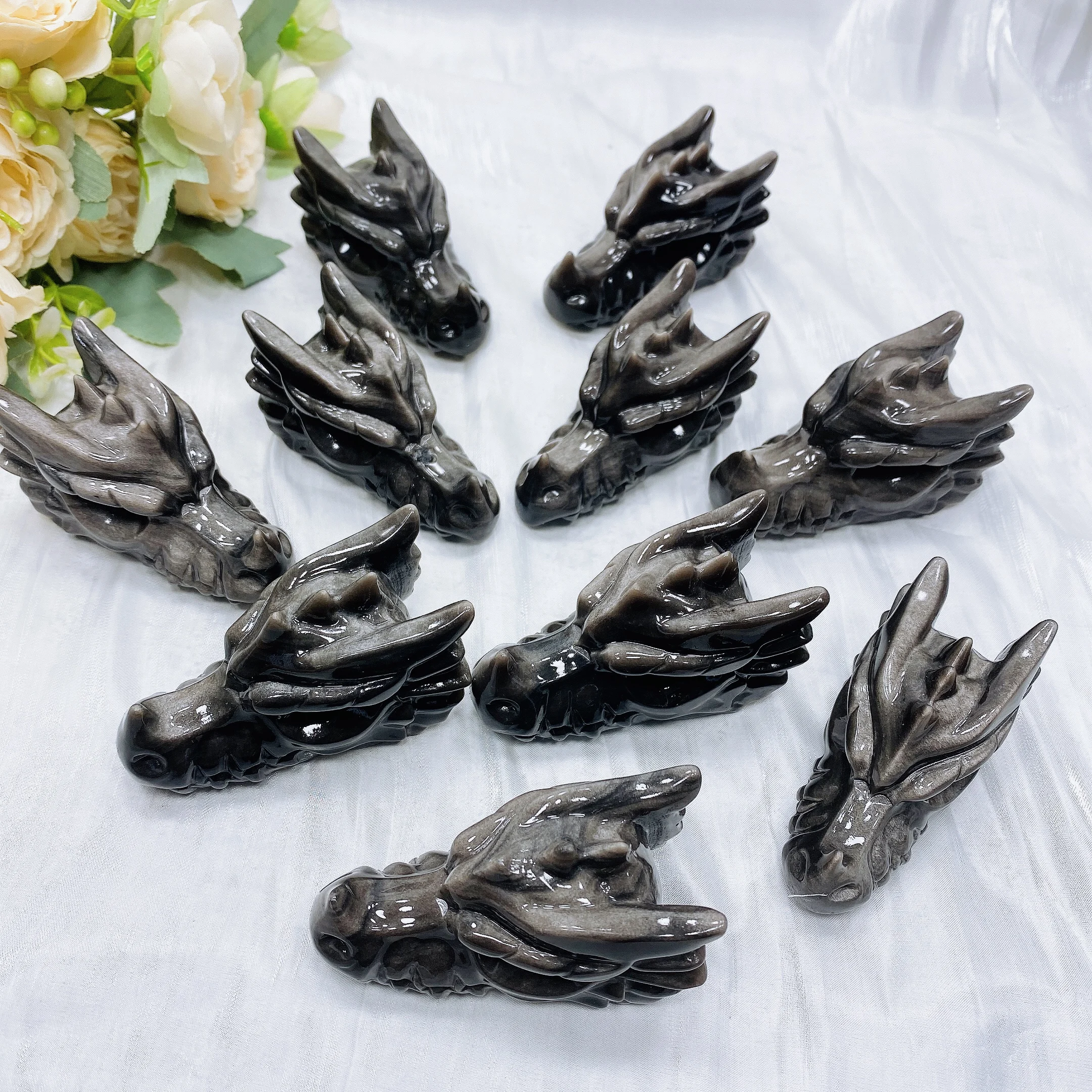 3'' Dragon Head Statue Home Decoration Silver Obsidian Natural Gemstone Carved Animal Skull Figurine Reiki healing Room Ornament