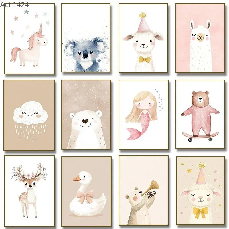 Cute Watercolor Unicorn Mermaid Llama Goose Deer Bear Poster Canvas Painting Print for Kids Room Nursery Home Decoration