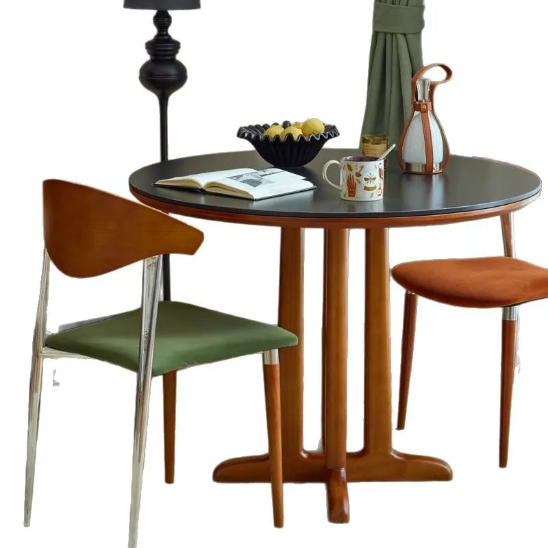 

Solid wood black rock slab round table retro home small apartment restaurant round dining table