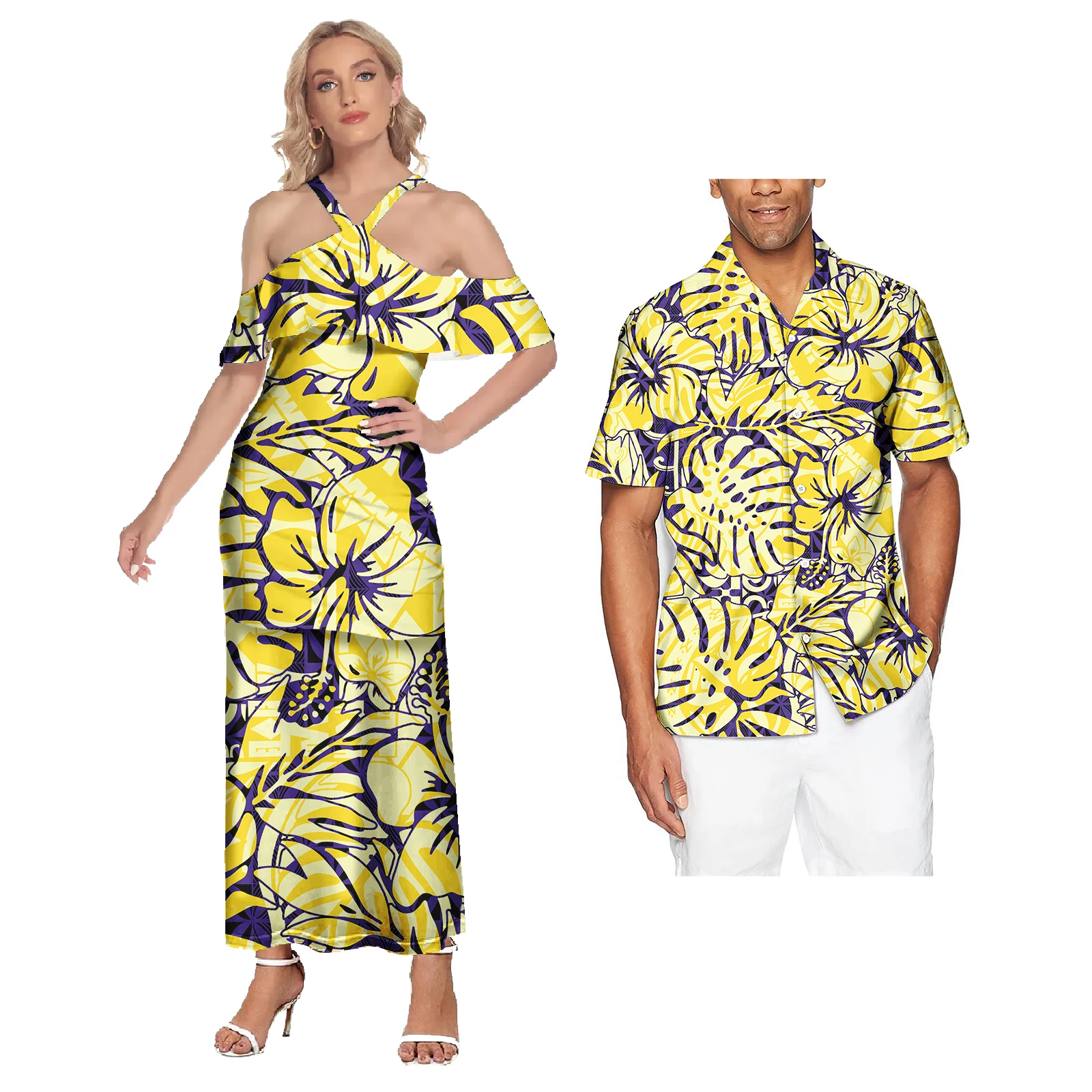 Polynesian Hawaiian Samoan Tropical Floral Couples Tribal Print Dress Mens Shirt Matching Set plus size couple clothing