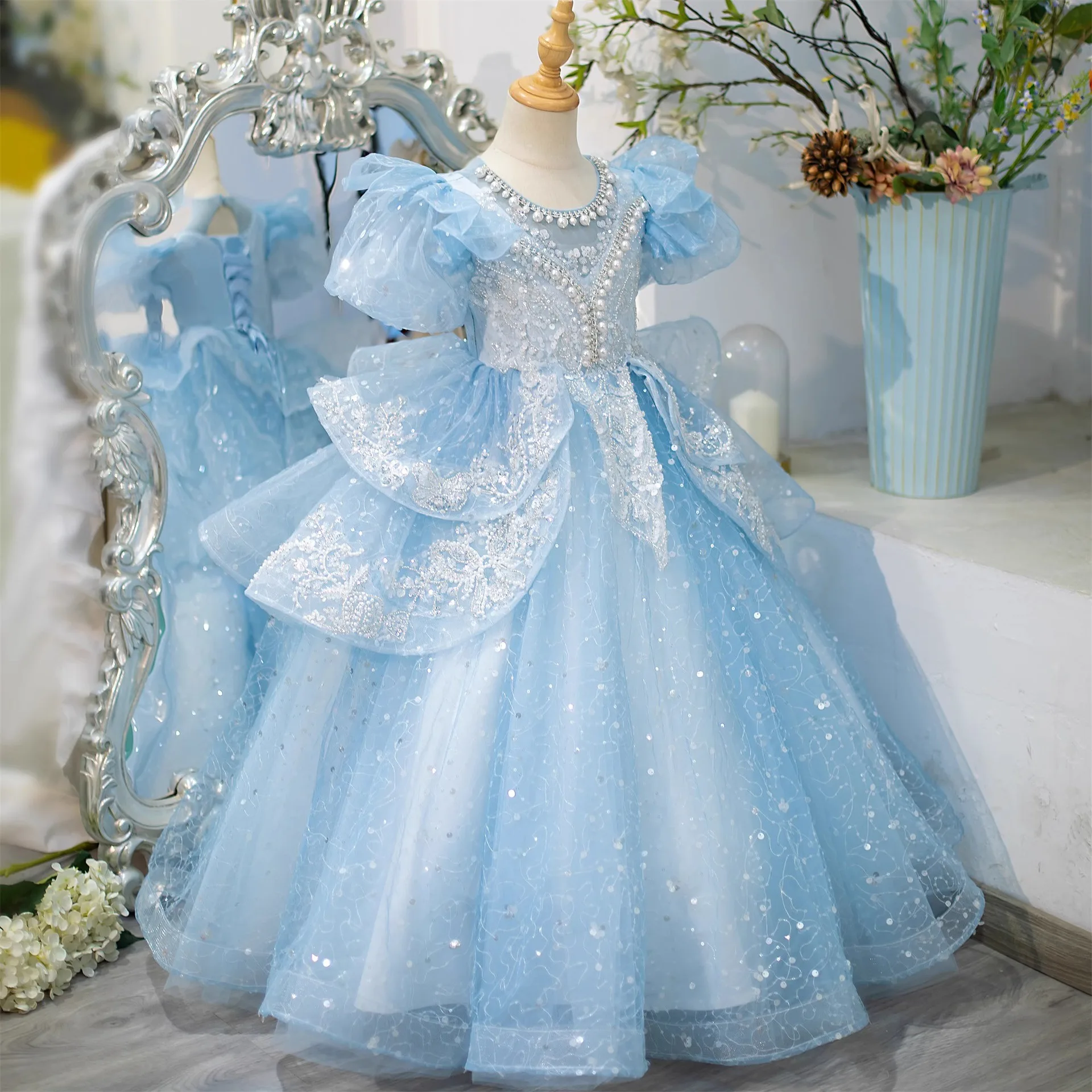 Shiny Ball Gown Baby Flower Girl Dresses With Pearls Sequins Princess Prom Birthday Party Gowns