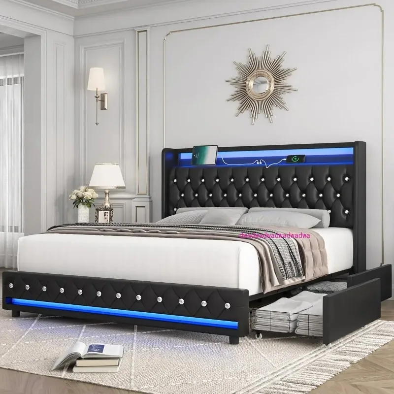 

Queen Size Bed Frame with Charging Station and 4 Storage Drawers, Velvet Upholstered Platform Bed