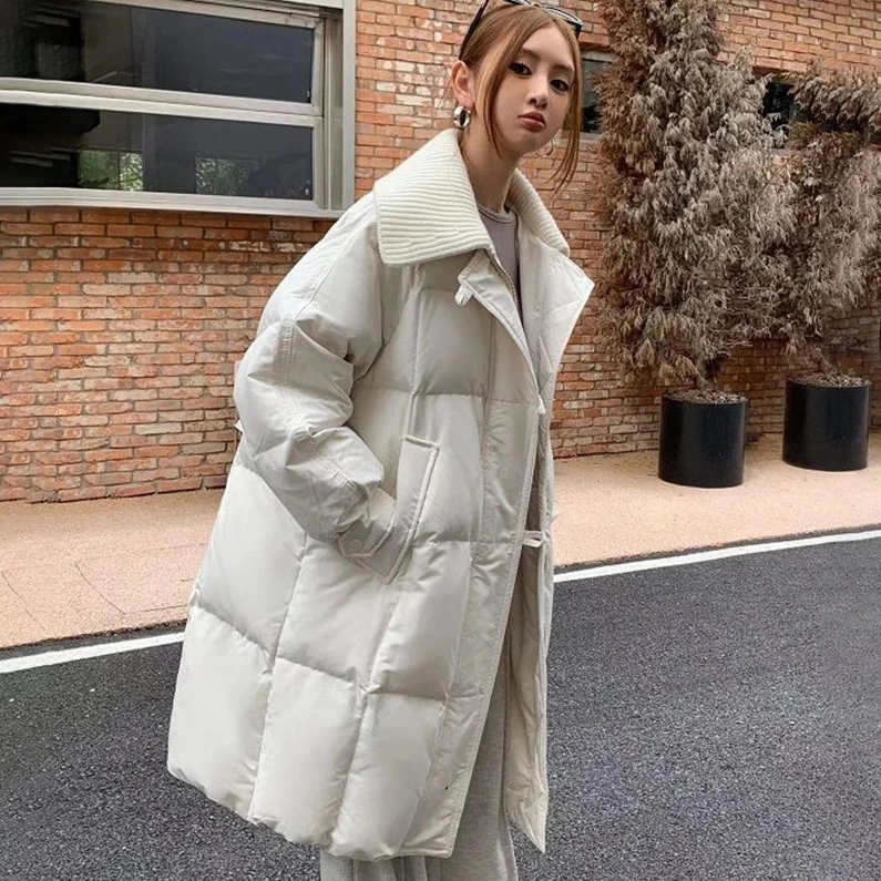 

Korean Streetwear Parka, Women‘s Mid-Length Windproof Down Cotton Coat, Quilted Lapel Zipper Jacket for Winter
