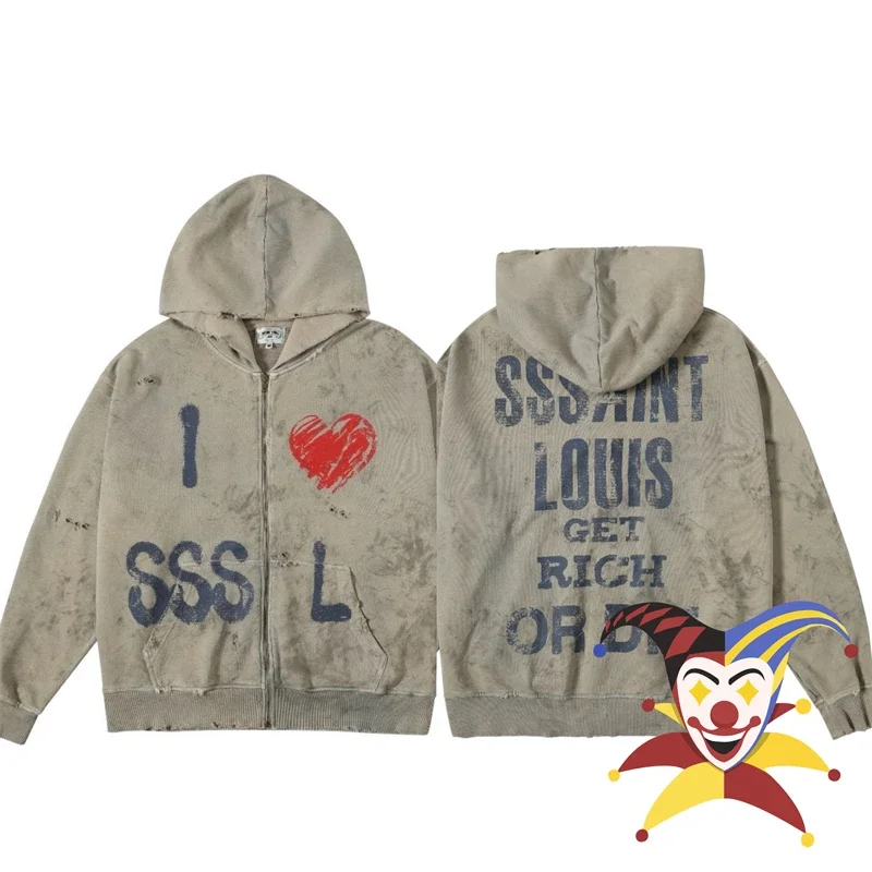 Cardigan Graffiti Hole Saint SSSAINT LOUIS Hoodie Heavy Fabric Unisex Pullovers For Men Women