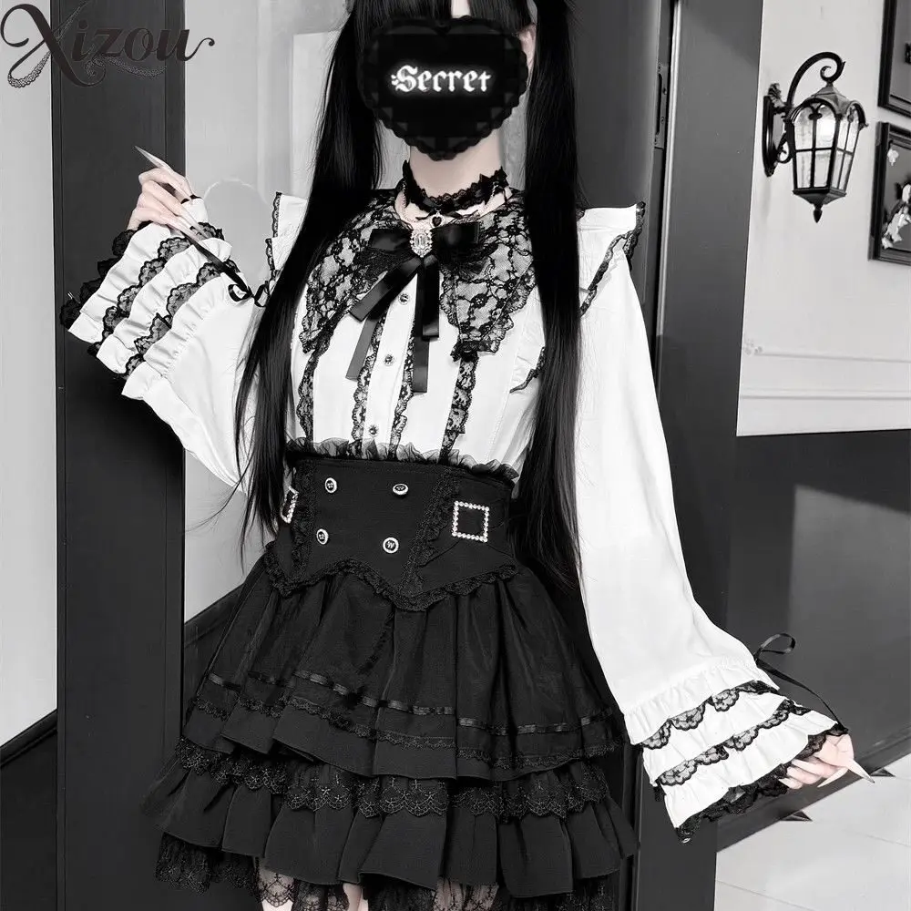 Jirai Kei Gothic Lolita Purple Ruffled Blouse Lace Bow Women Long Sleeve Top Sweet Punk Elegant Princess Spring Autumn 2026