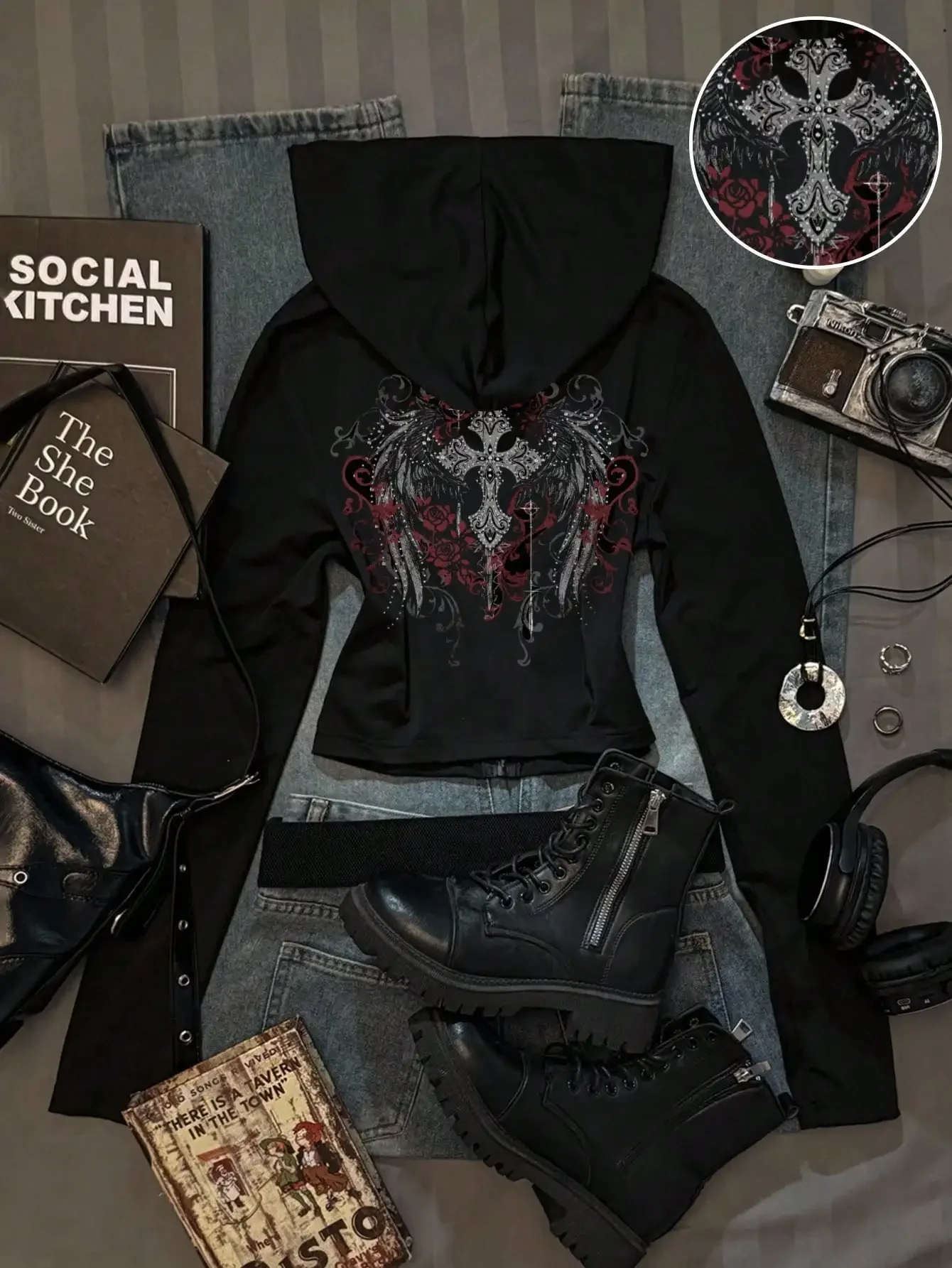 Ropa informal para mujer, camiseta con capucha ajustada de color sólido con estampado minimalista, otoño, patrón de cárdigan con cremallera