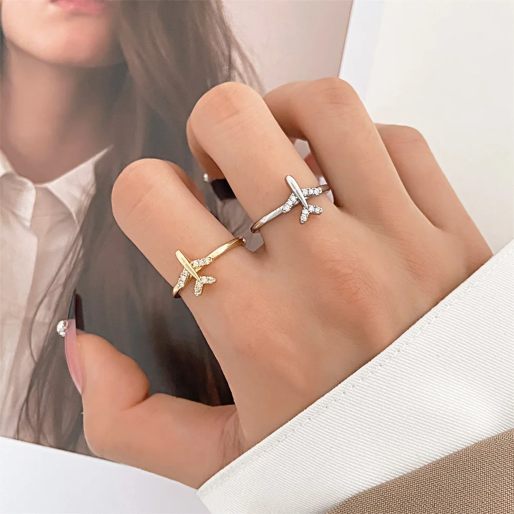 Full Diamond Aircraft Ring Female Fashion Temperament Minority Design Metal Geometric Opening Index Finger Ring Lovers 1$Postage